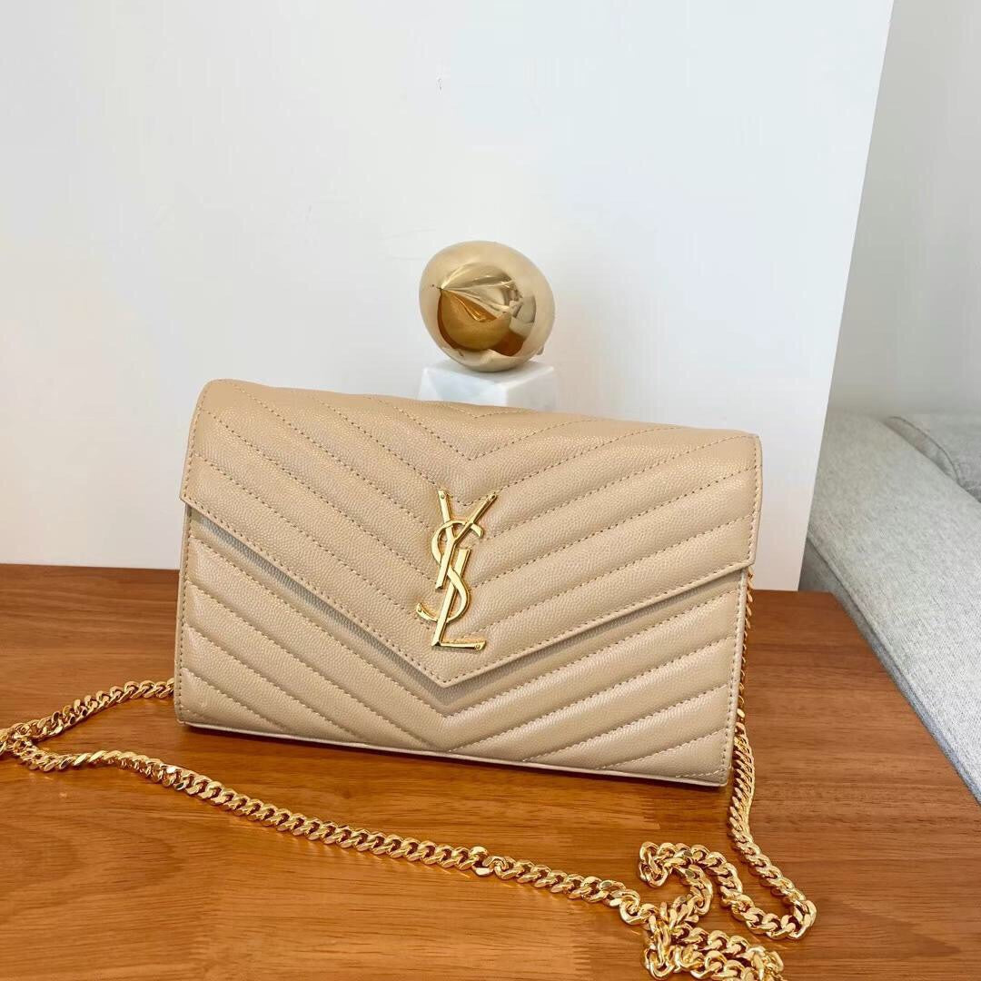 Beige with Gold Chain chevron wallet crossbody with chain